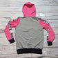 Animal hearts nursing hoodie. Handmade using pink, grey and animal hearts cotton French terry and cotton ribbing. With a zipped front for easier nursing. Shown from the rear.