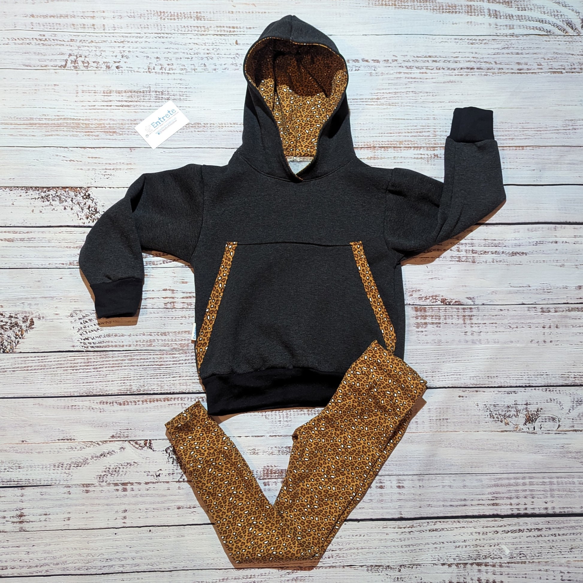 The gorgeous camel leopard print hoodie shown with a pair of matching leggings. Also available as a Mama and mini set.