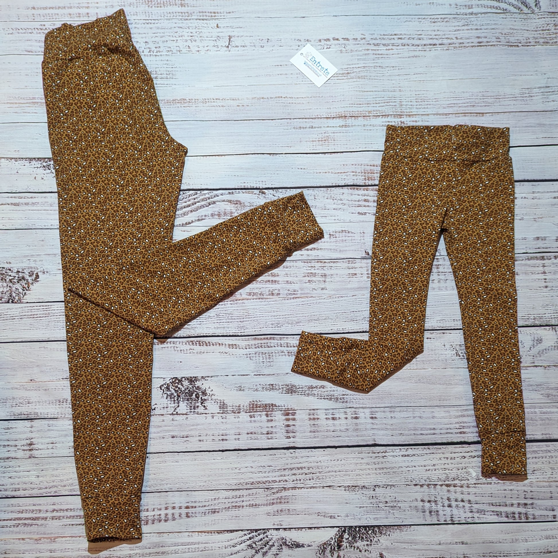 The stylish camel leopard print mama and mini leggings set. Handmade from soft and stretchy cotton jersey.