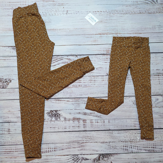 The stylish camel leopard print mama and mini leggings set. Handmade from soft and stretchy cotton jersey.