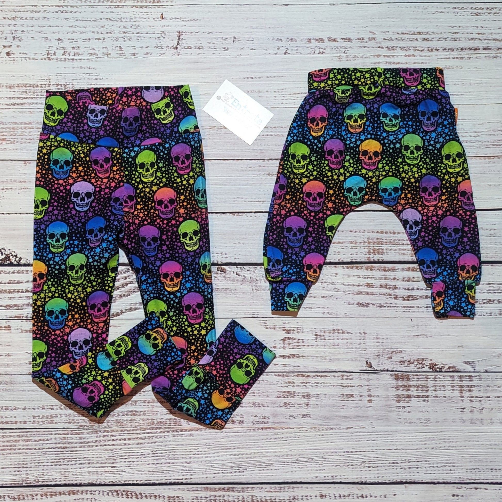 Colourful and fun neon skulls Mama and mini leggings. Handmade from soft and stretchy neon skulls cotton jersey. Shown folded.