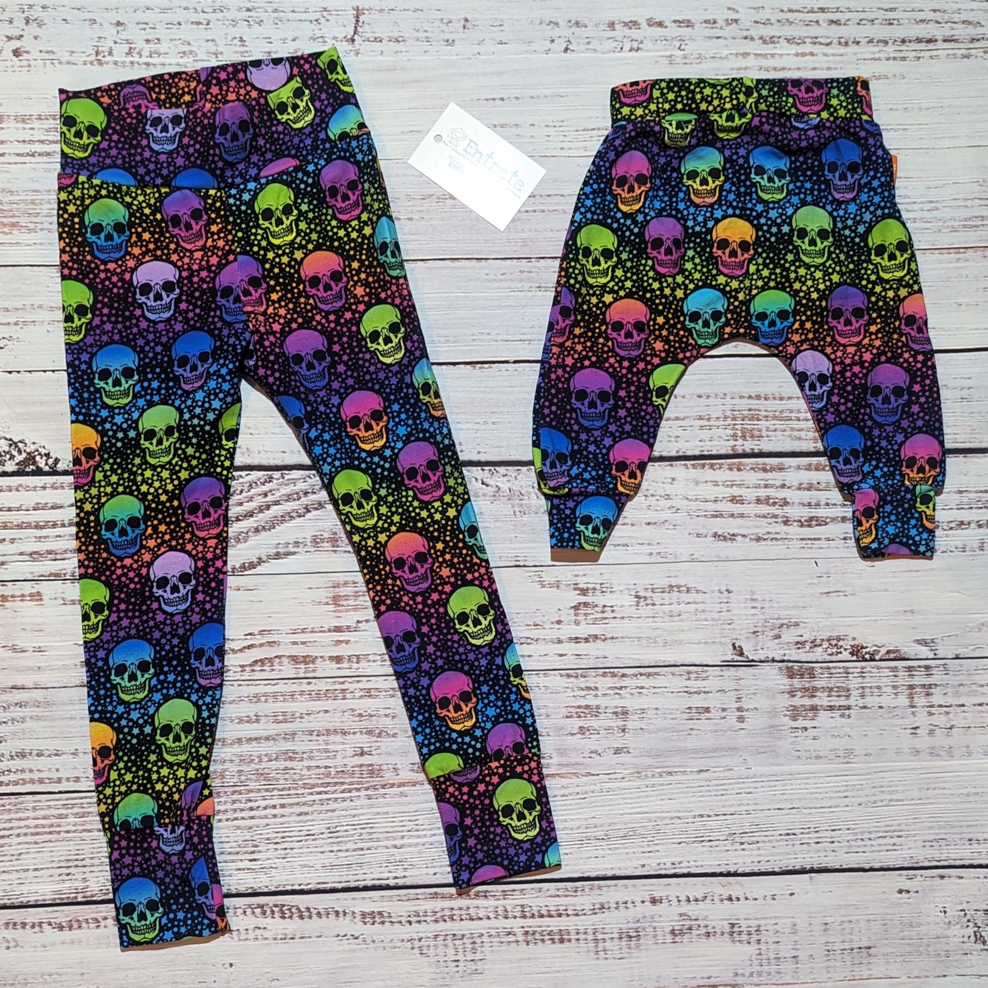 Colourful and fun neon skulls Mama and mini leggings. Handmade from soft and stretchy neon skulls cotton jersey.