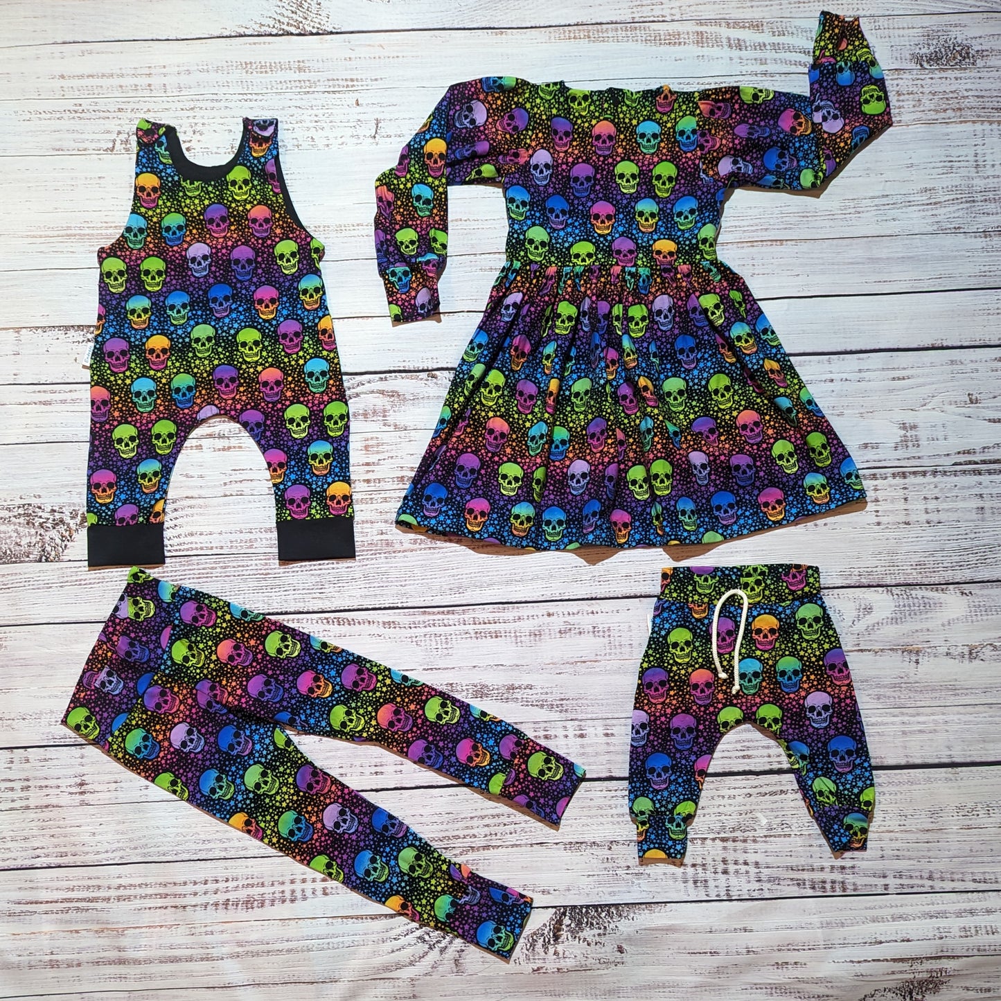 The vivid neon skulls range. Featuring harem joggers, leggings for Mama's and Mini's, sleeveless rompers and dresses.