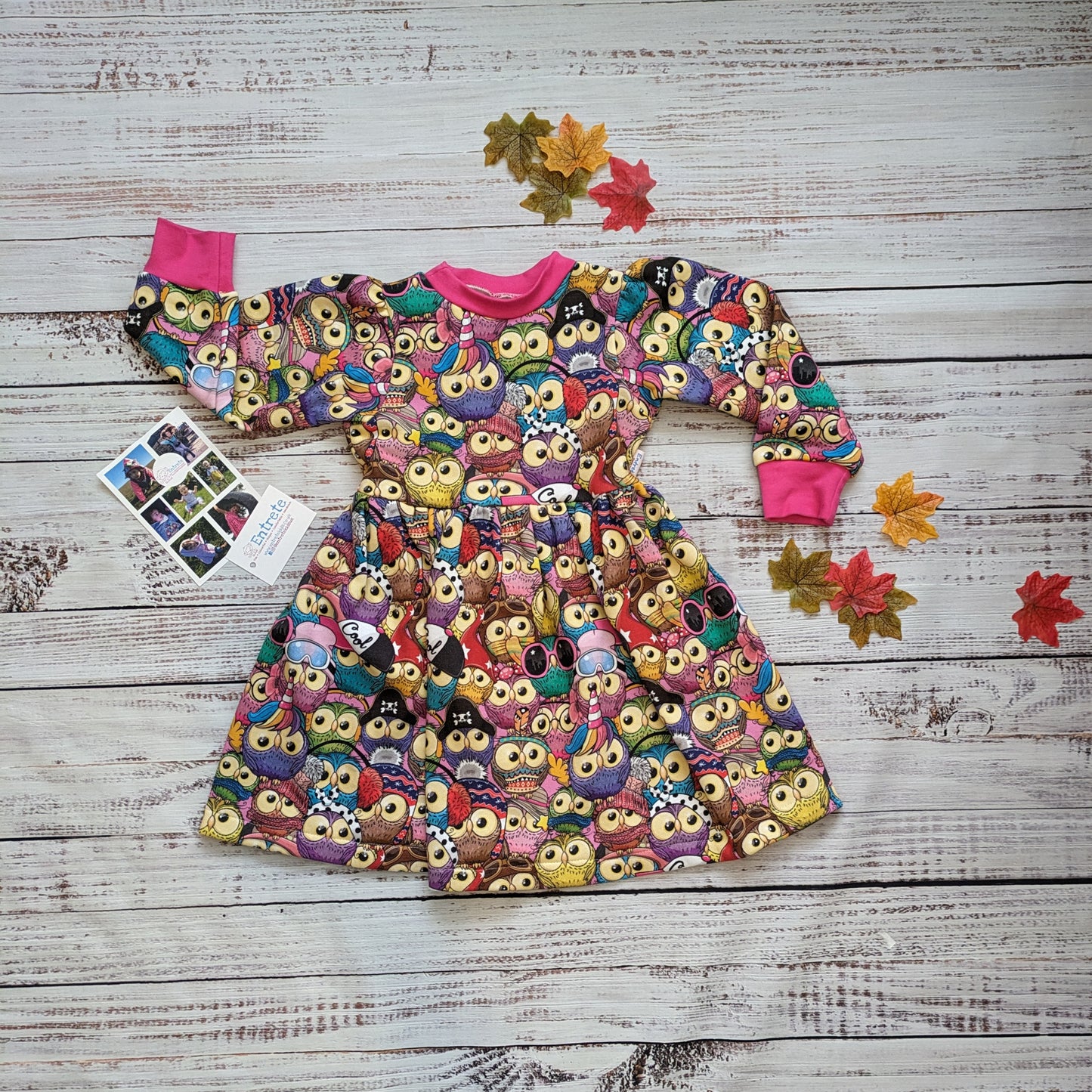 The colourful owls sweater dress is lots of fun. Handmade using colourful owls cotton sweatshirt fleece and fuchsia cotton ribbing.