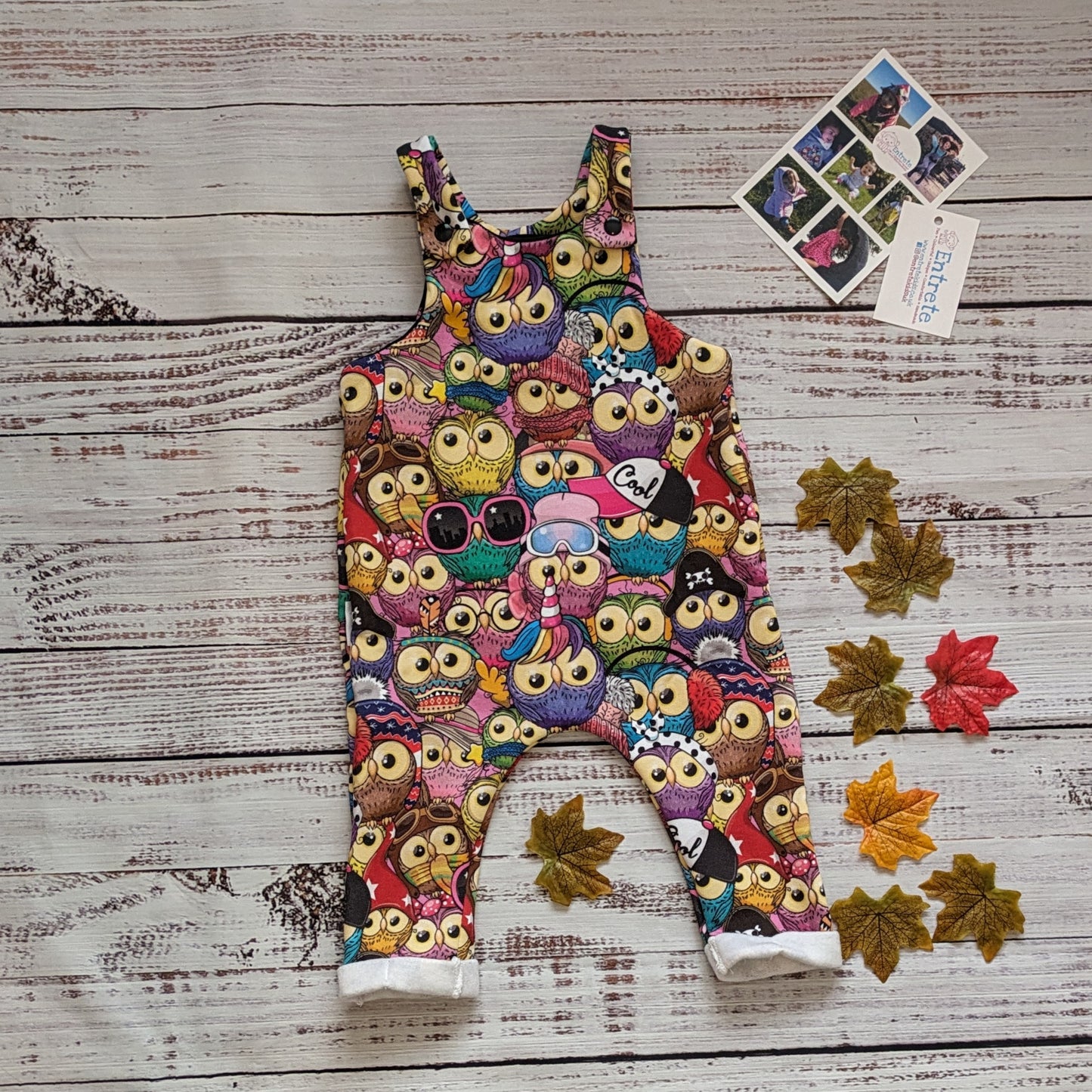 Colourful and fun cartoon owls cotton jersey. Handmade using warm colourful owls cotton sweatshirt fleece and black cotton jersey.