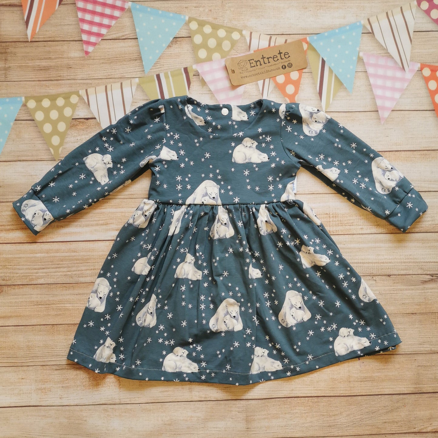 Girls Christmas dress, handmade using the gorgeous dusty blue polar bears cotton jersey. 