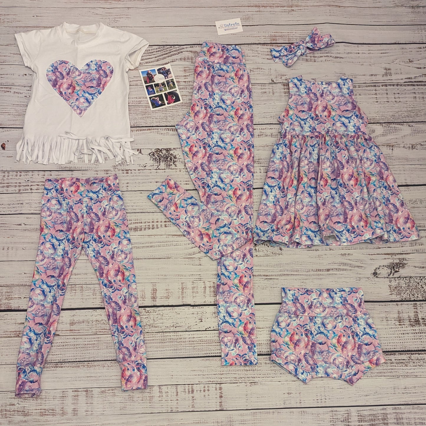 The entire bubblegum pink bubbles clothing range. Heart tassel t-shirt, leggings and mama leggings, dress, shorts and headbands.