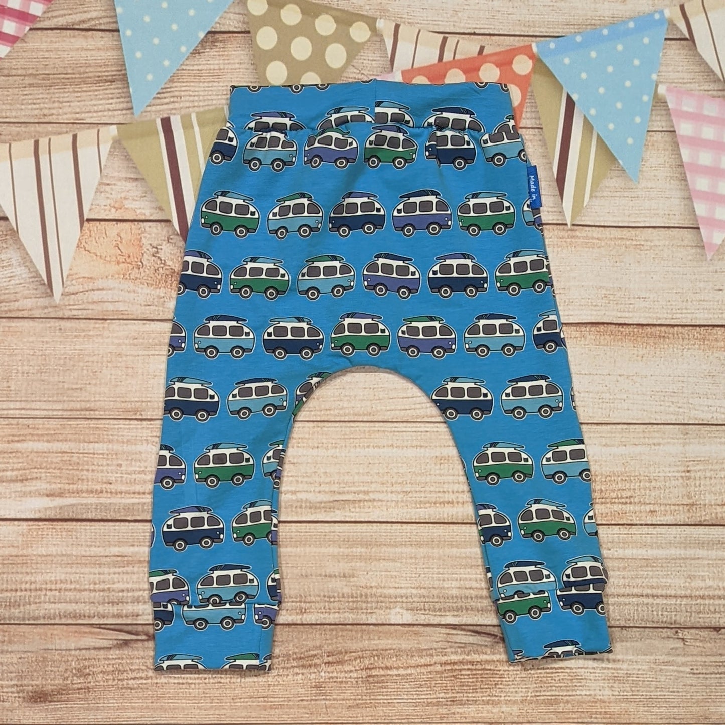 The cool blue surf campervan harem joggers, handmade using blue surf campervans cotton jersey. Shown from the rear.