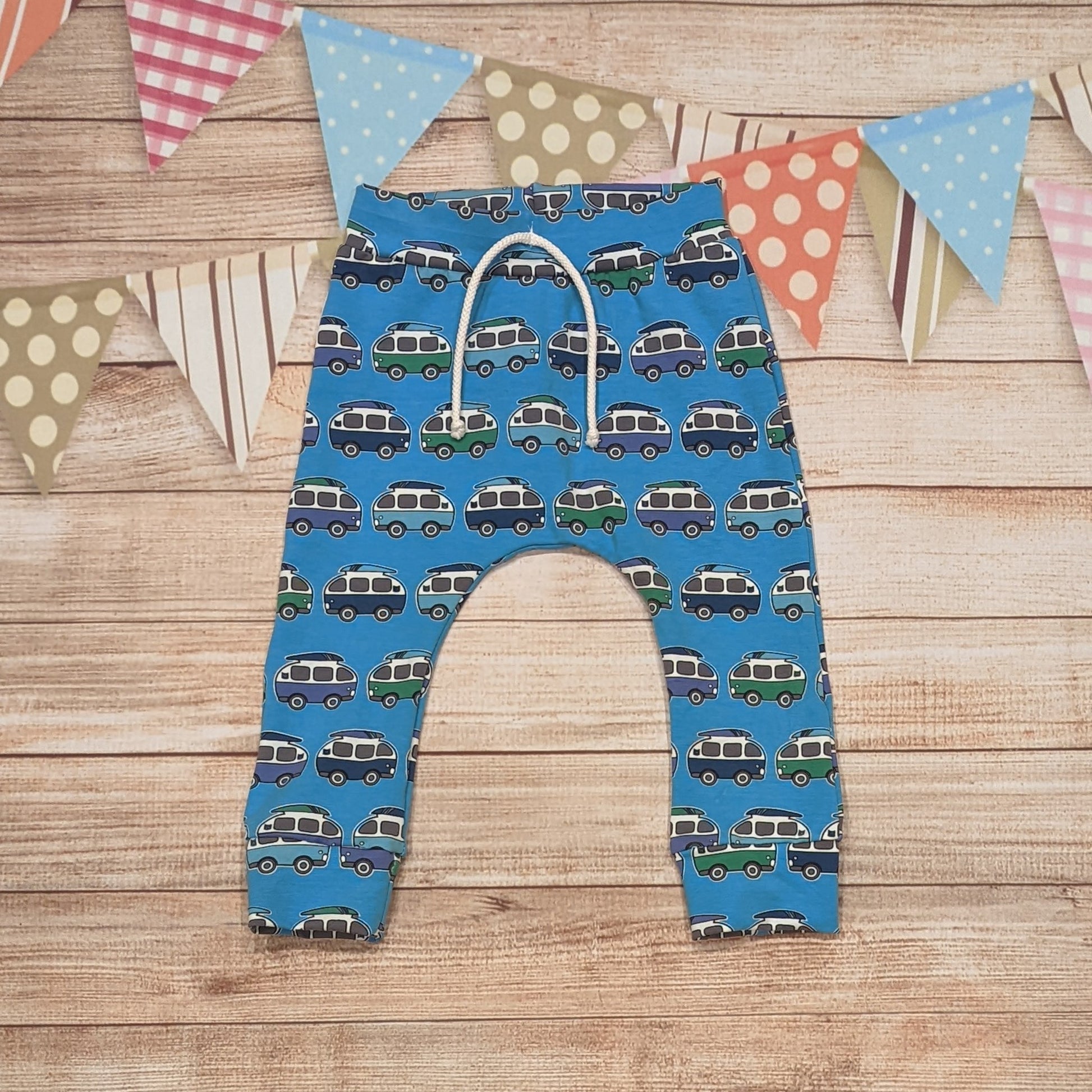 The cool blue surf campervan harem joggers, handmade using blue surf campervans cotton jersey.