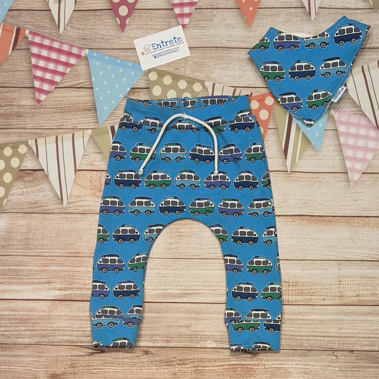 The cool blue surf campervan harem joggers, handmade using blue surf campervans cotton jersey. Shown with a matching bamboo bib.