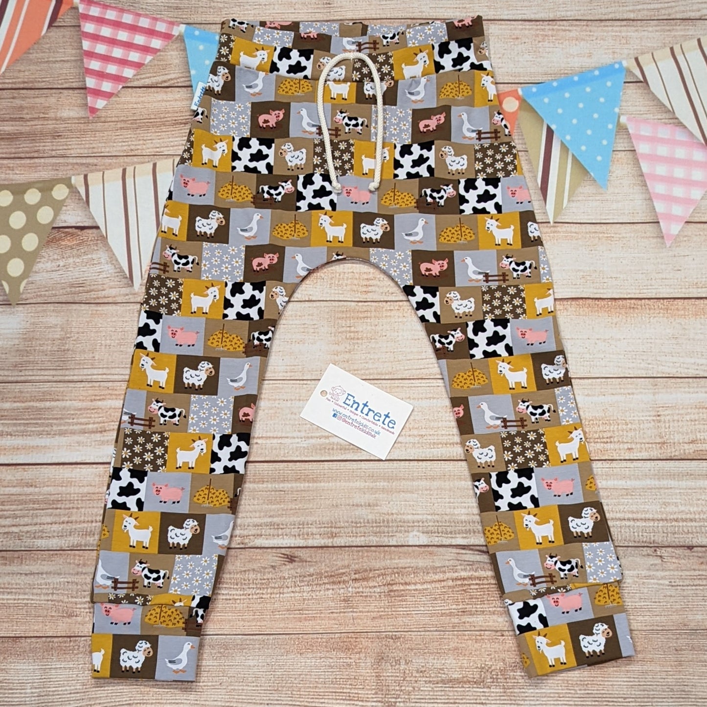 Fun checkboard farmyard harem joggers. Handmade using checkboard farm animals cotton jersey.