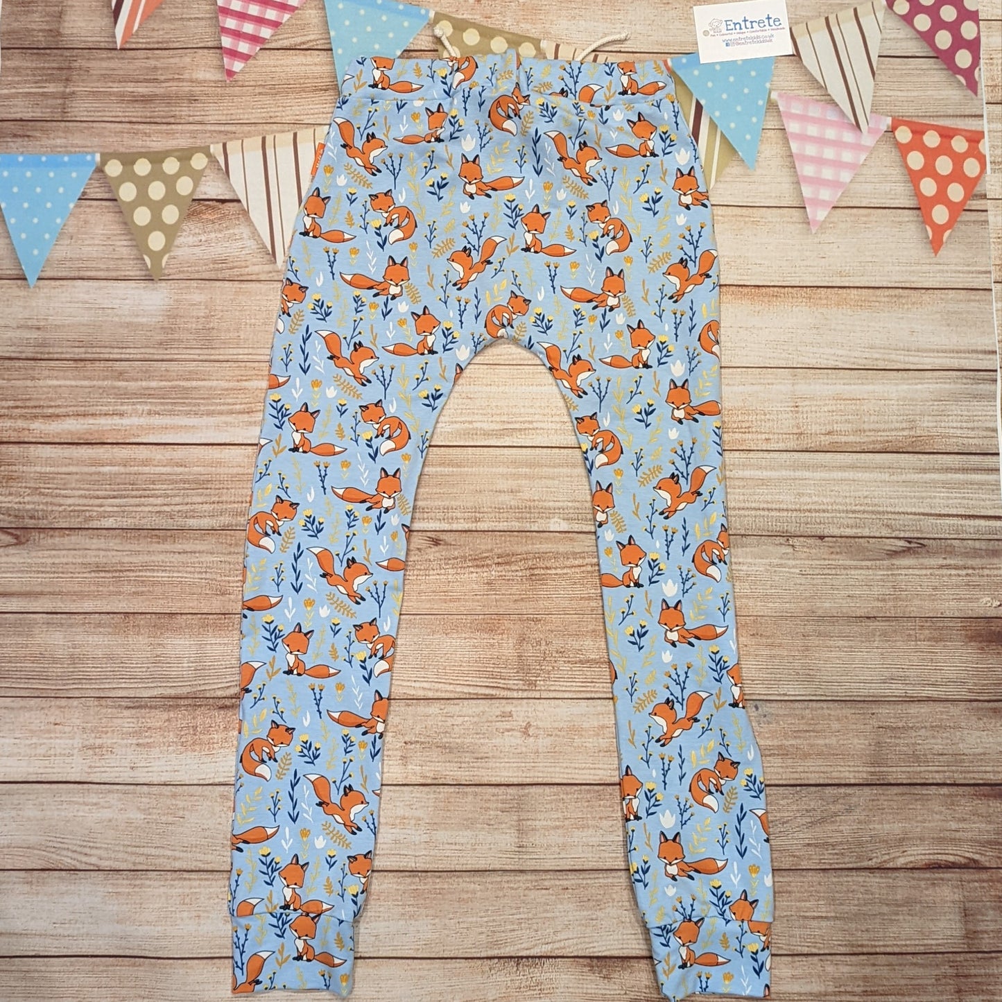 Fantastic sky blue foxes harem joggers. Handmade using sky blue foxes cotton jersey. Shown from the rear.