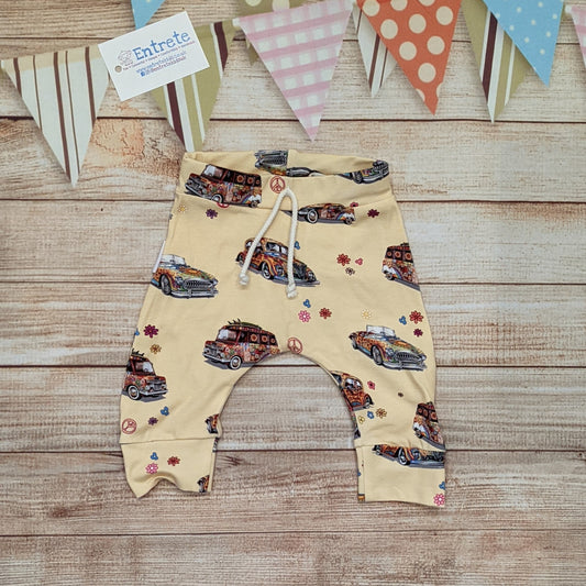 The fun retro hippie cars harem joggers, handmade using light yellow hippie cars cotton jersey.