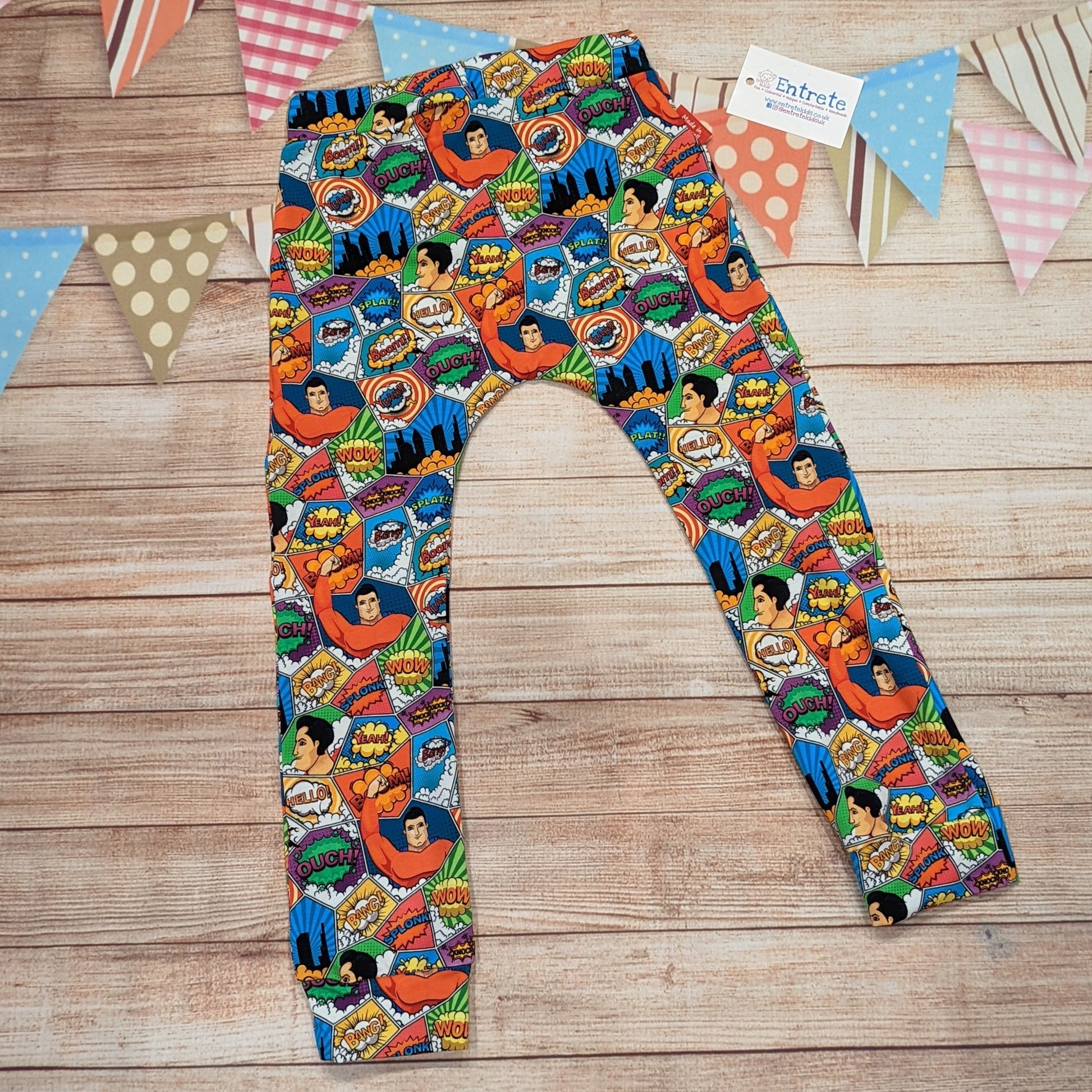 Amazing superhero joggers, like wearing a comic book. Handmade using superhero cotton jersey. Shown from the rear.