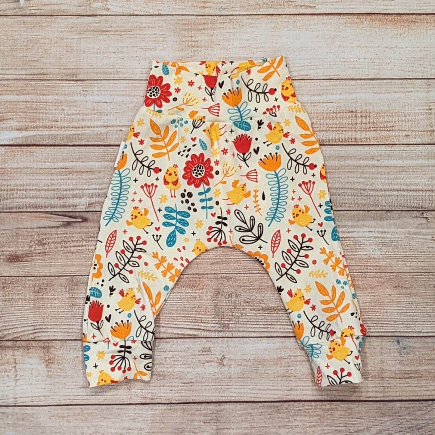 Flowers and chicks harem pants. Handmade using cream chicks cotton jersey.