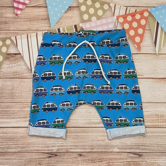 The epic blue surf camper Harem shorts, handmade using blue surf campervan cotton jersey.