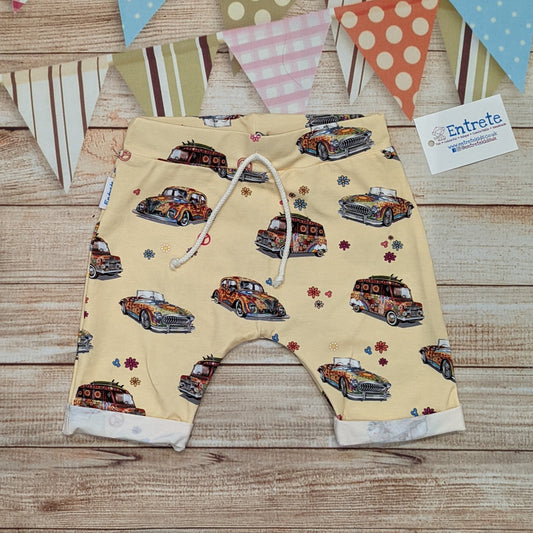 The fun retro hippie cars harem shorts, handmade using light yellow hippie cars cotton jersey.