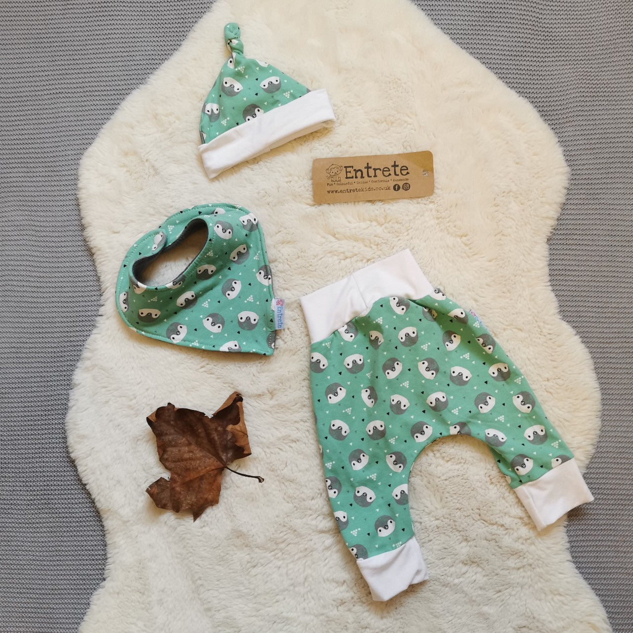 Harem gift set, shown in mint penguins for demonstration purposes only. Yours will be handmade using monochrome abstract stripes cotton jersey.