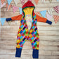 The unique, colourful building blocks hooded romper. Handmade using colourful building blocks, royal blue, red, yellow and orange cotton jersey's with green cotton ribbing. Shown with front popper entry open.