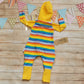 Unisex kids hooded popper romper, handmade with red rainbow striped cotton jersey body and cuffs, organic yellow cotton jersey hood, arms and lower legs.