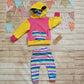 Girls pink and yellow hoodie, with cerise rainbow striped heart detailing, shown as an outfit with cerise rainbow striped harem joggers (sold separately)