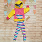 Girls pink and yellow hoodie, with cerise rainbow striped heart detailing, shown as an outfit with cerise rainbow striped leggings (sold separately)