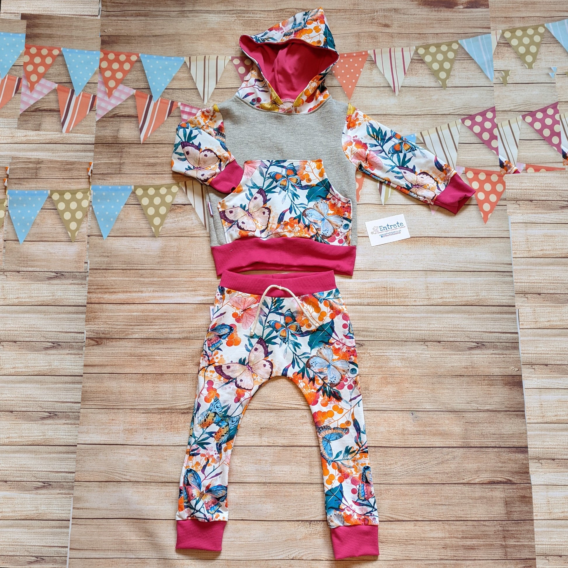 The gorgeous vibrant butterflies hoodie, shown as an outfit with matching harem joggers.