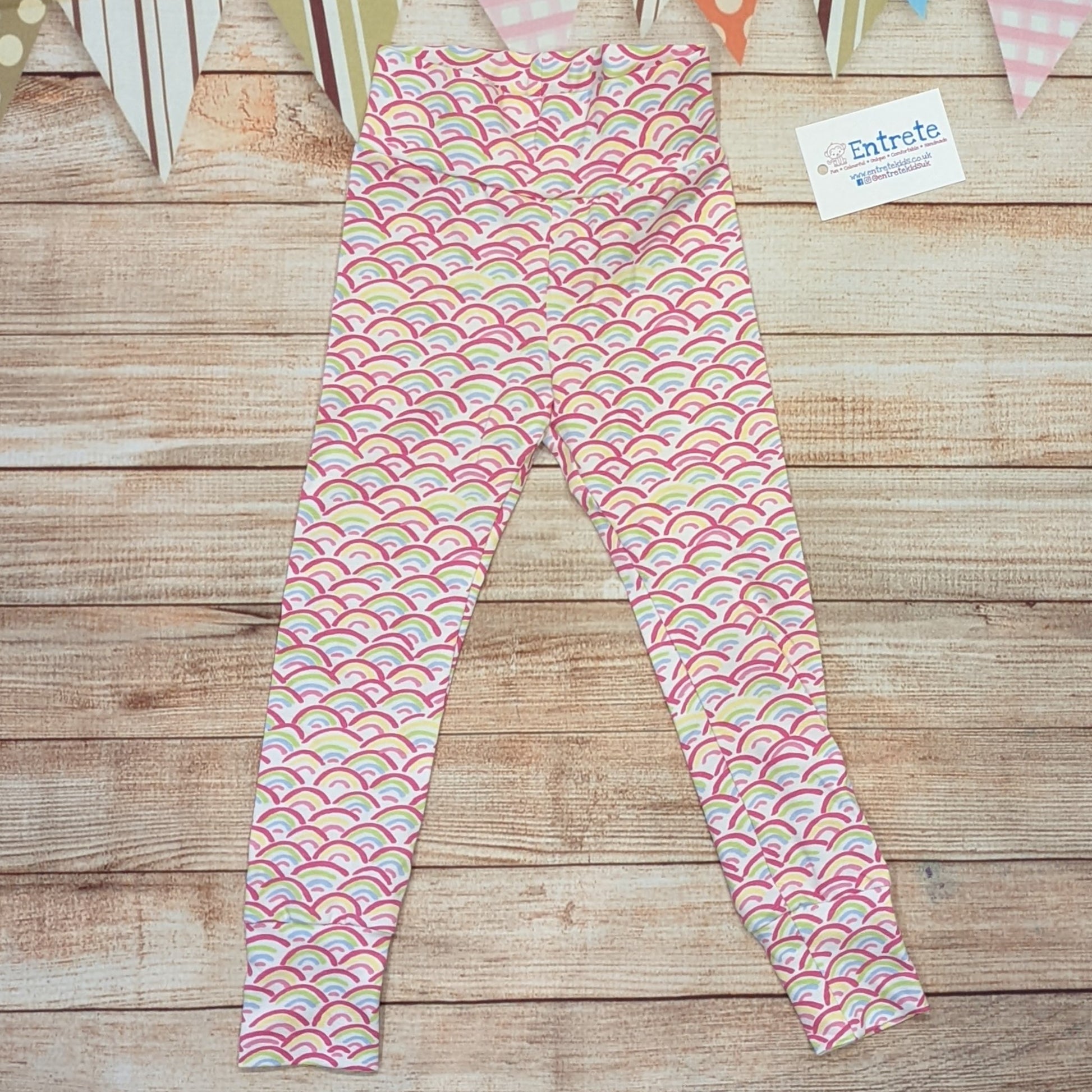 The adorable mini rainbows leggings, handmade using mini rainbows on white cotton jersey.