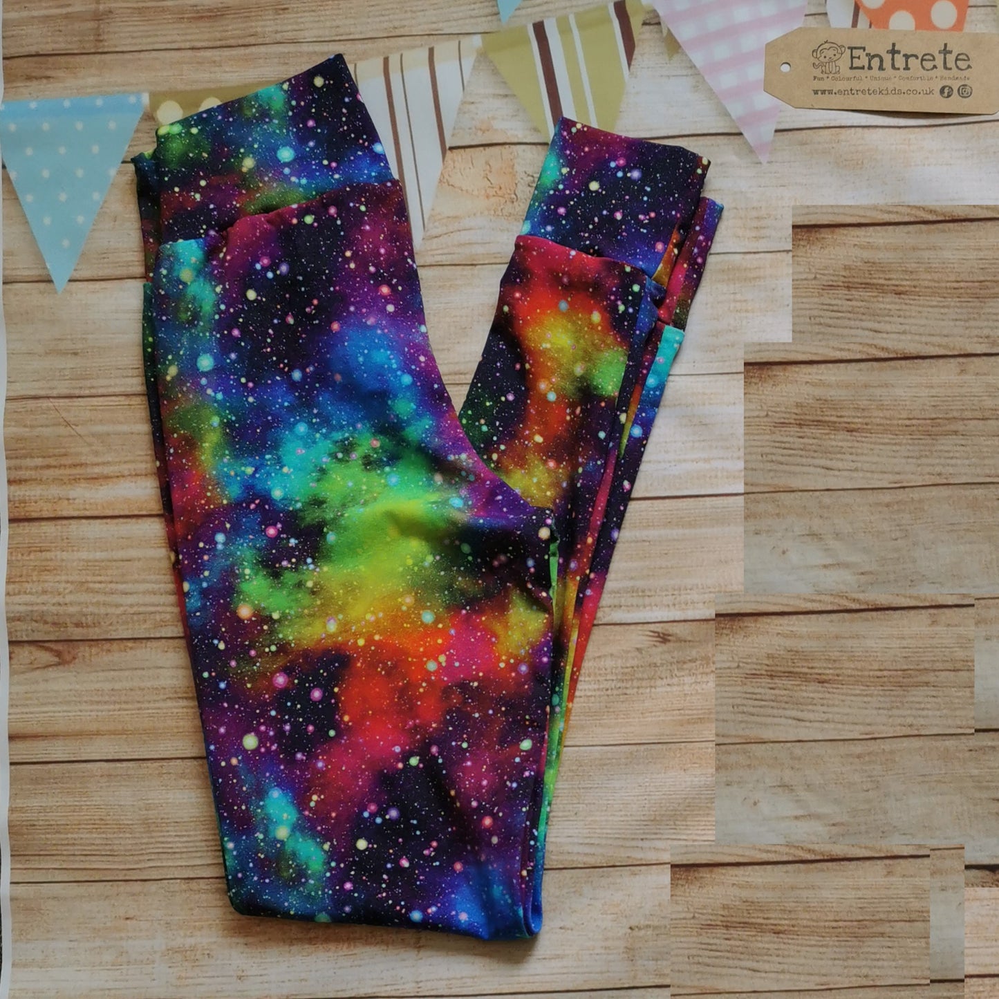 The gorgeously colourful speckled galaxy mama leggings. Handmade using speckled galaxy cotton jersey.