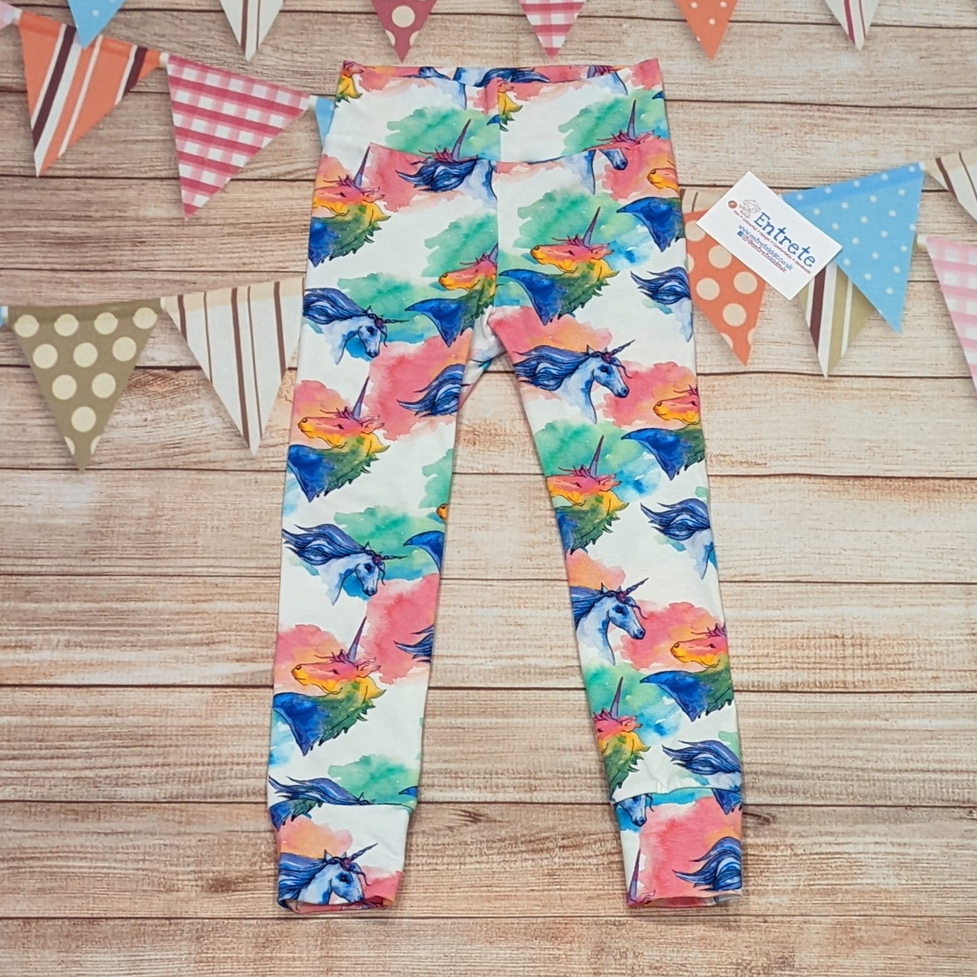 Rear of the gorgeous and colourful unicorns on white kids leggings. Handmade using unicorns on white cotton jersey.