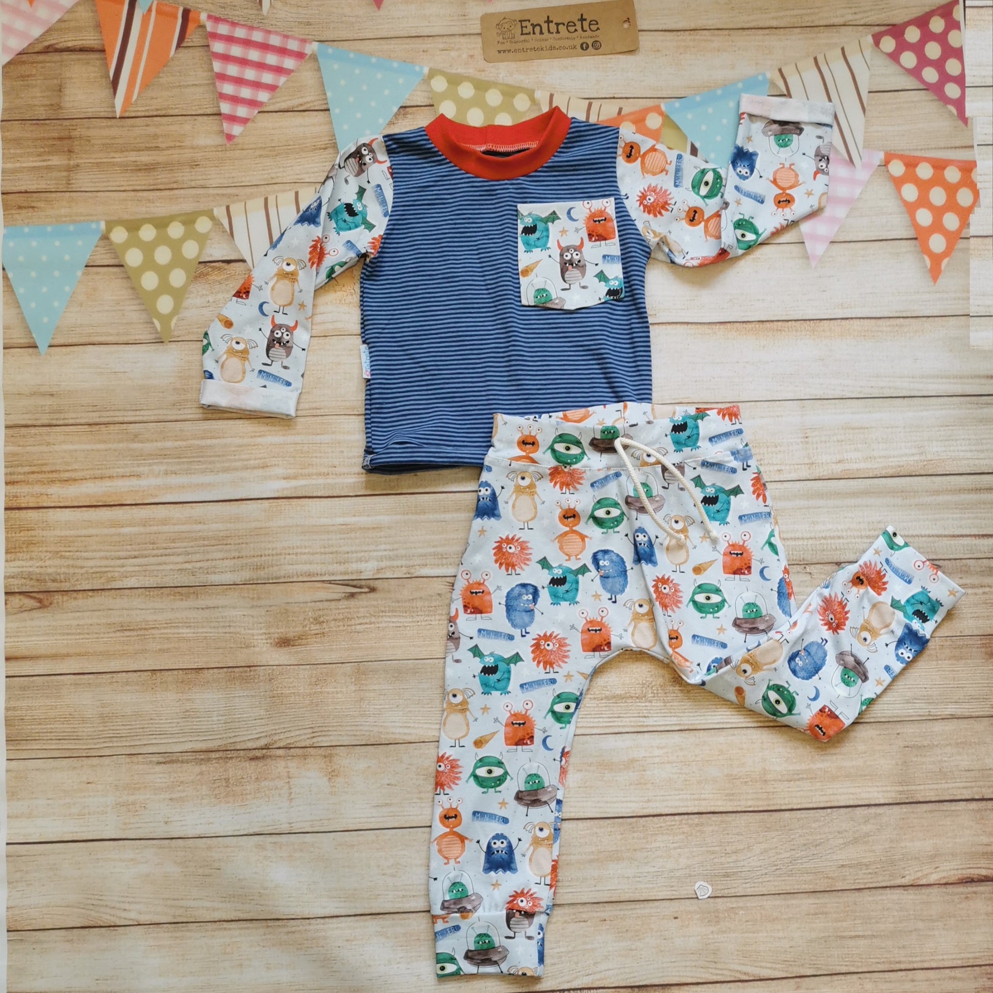 Fun, colourful, organic monsters harem joggers shown with a monsters and navy striped top (sold separately)