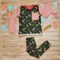 The brilliant and fun christmas dinosaurs top shown as a set with matching harem joggers. (sold separately) Perfect for little dinosaur fanatics!