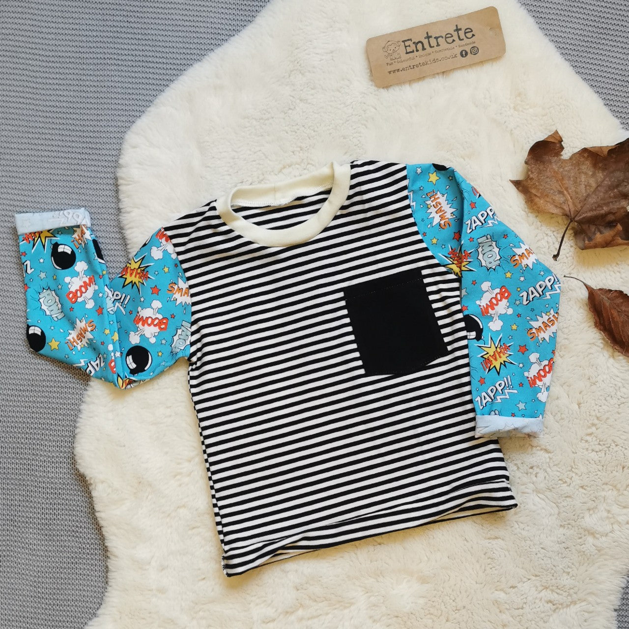 Long Sleeve T-Shirt - Monochrome Striped, Turquoise Boom Pow Wow & Black