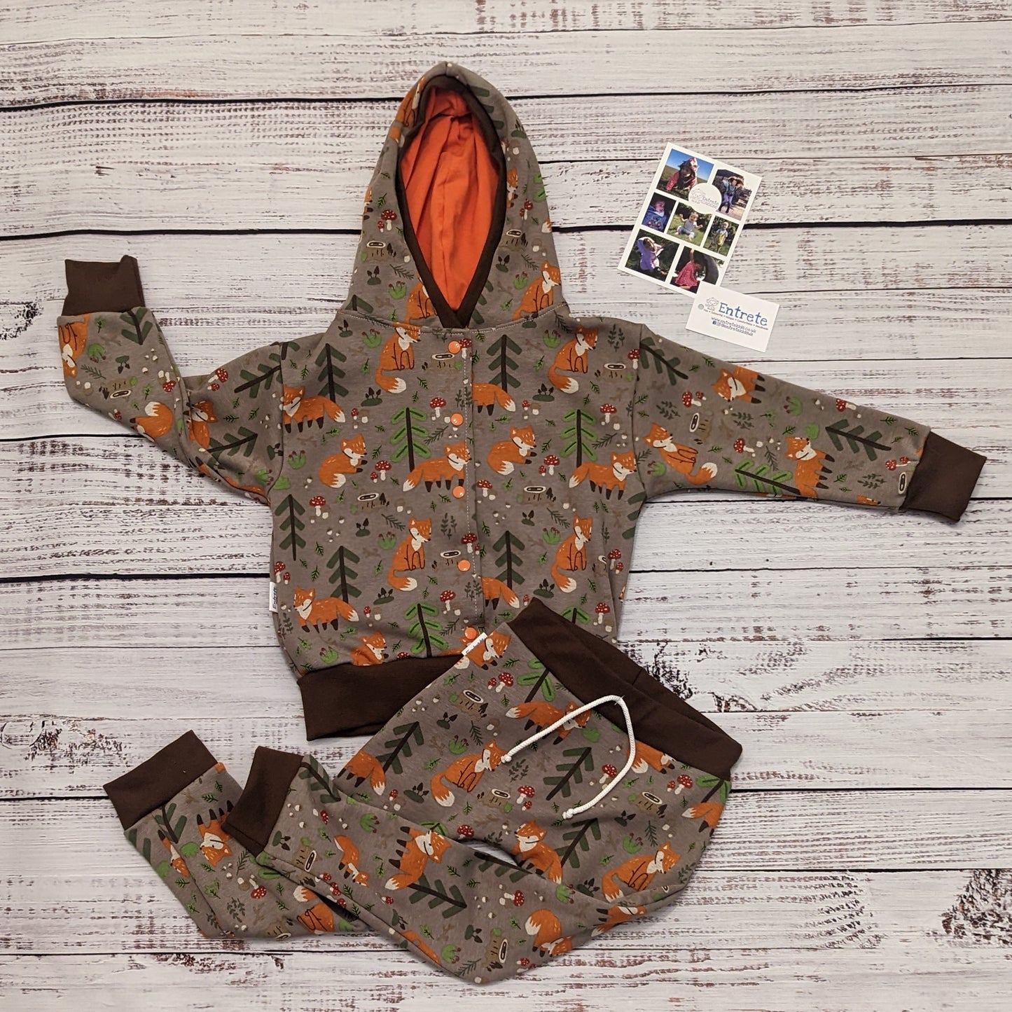 Warm, sumptuously soft and fiercely fun forest foxes harem joggers. Handmade using brown forest foxes alpine fleece and brown cotton ribbing. Shown as an outfit with a forest foxes popper hoodie.