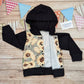 The gorgeous sunflower popper hoodie. Handmade using sunflowers cotton French terry, black cotton jersey and black cotton ribbing. Shown with the front popper entry open.