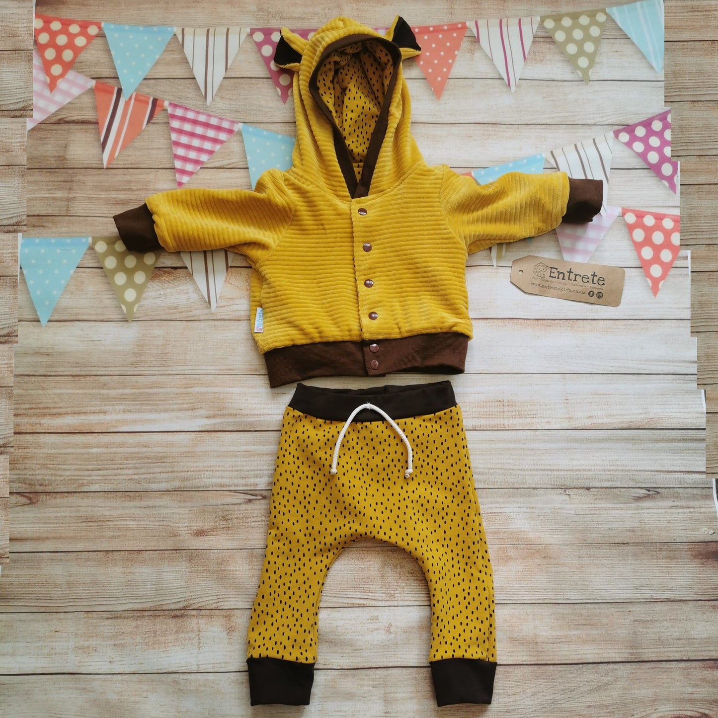 Ochre dots harem joggers shown as a set with a lion cub and ochre dots reversible hoodie. (sold separately).