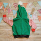 Rear view of the fantastically fun reversible elf hoodie. Handmade in green cotton sweatshirt fleece, with red striped cotton jersey arms, graphite ribbing waist and red ribbing cuffs . With adorable pom-pom hood.