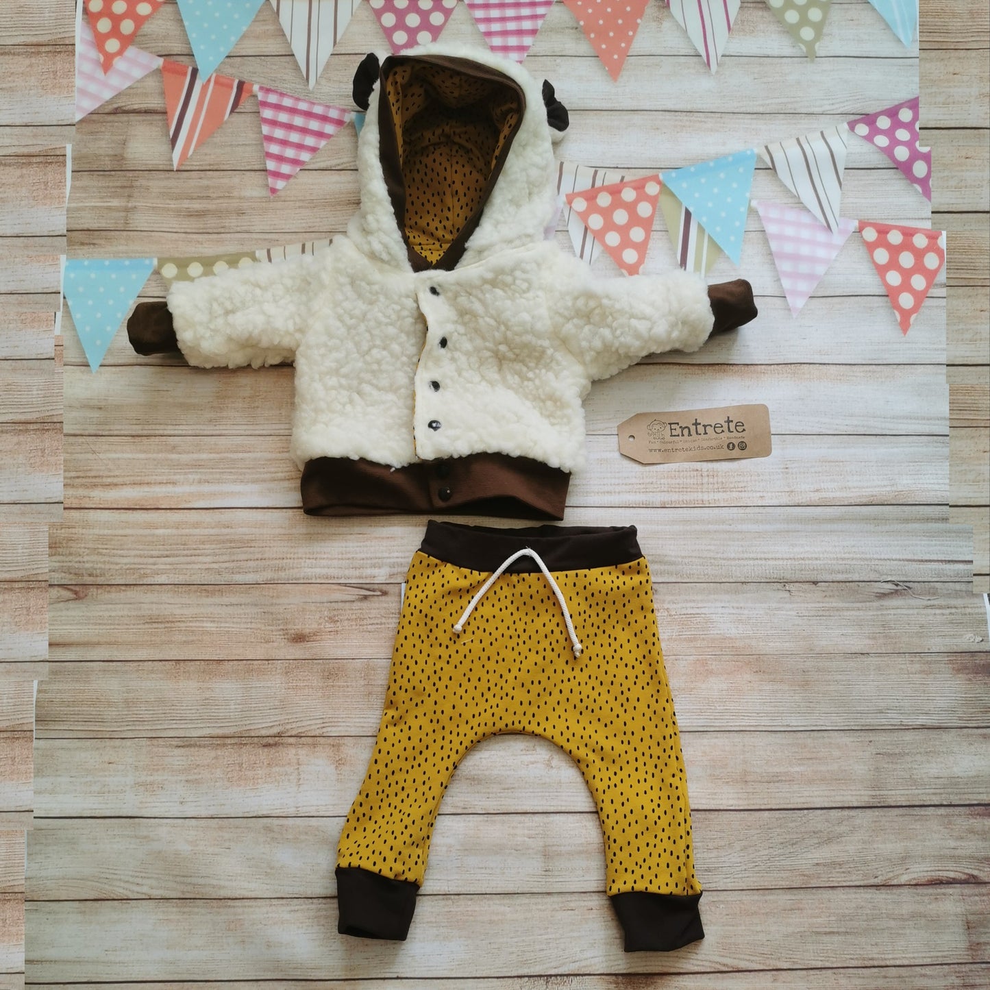 Ochre dots harem joggers shown as a set with a sherpa sheep and ochre dots reversible hoodie. (sold separately).