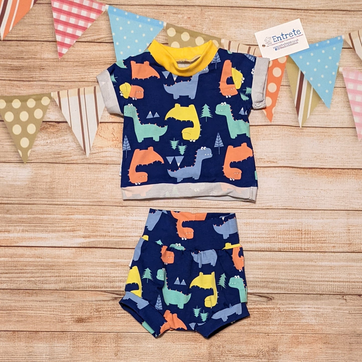 Colourful and fun blue dinosaurs short sleeved T-Shirt, shown as an outfit with matching shorts. (sold separately)