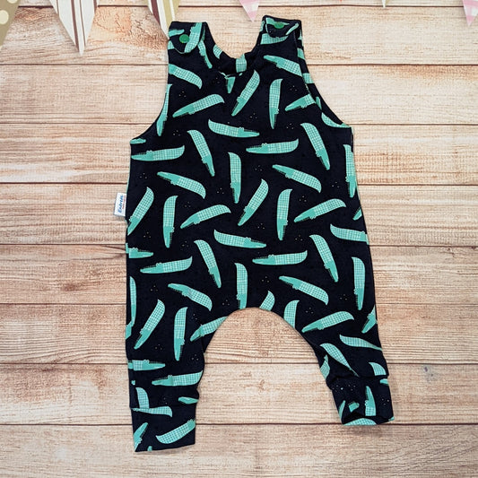 Cool crocodiles sleeveless romper, handmade using navy crocodiles cotton jersey.