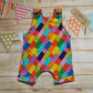 Front of Unisex Kids sleeveless romper shorts, handmade using colourful building blocks cotton jersey. Perfect for Lego lovers.