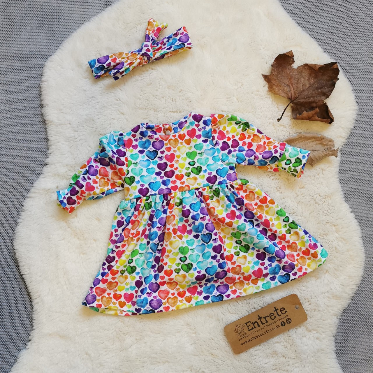 Dress gift set shown in rainbow hearts for demonstration purposes. Yours will be made from teal mini hearts cotton jersey.