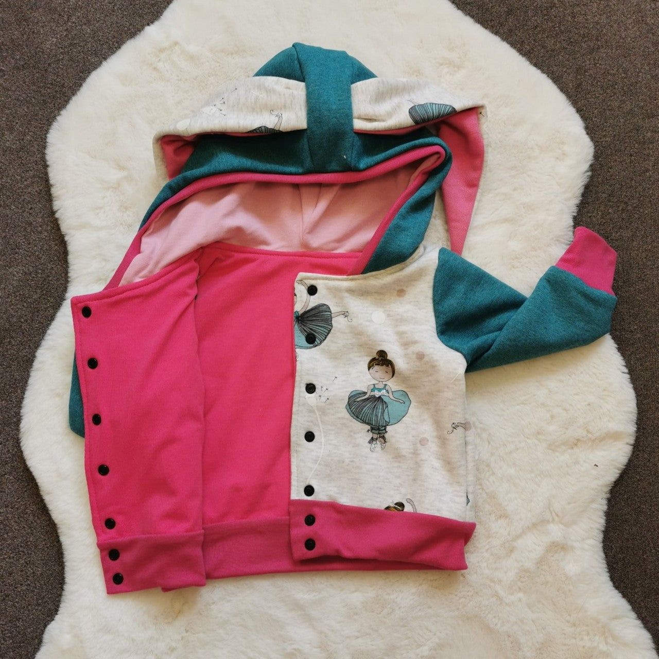 Reversible Popper Hoodie or Sleeveless - Teal & Grey Ballerina Bunny / Pink & Monochrome Monsters