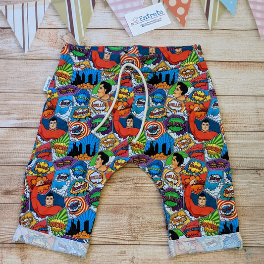 The awesomely colourful superhero harem shorts, perfect for the little superhero in your life. Handmade using superhero cotton jersey.