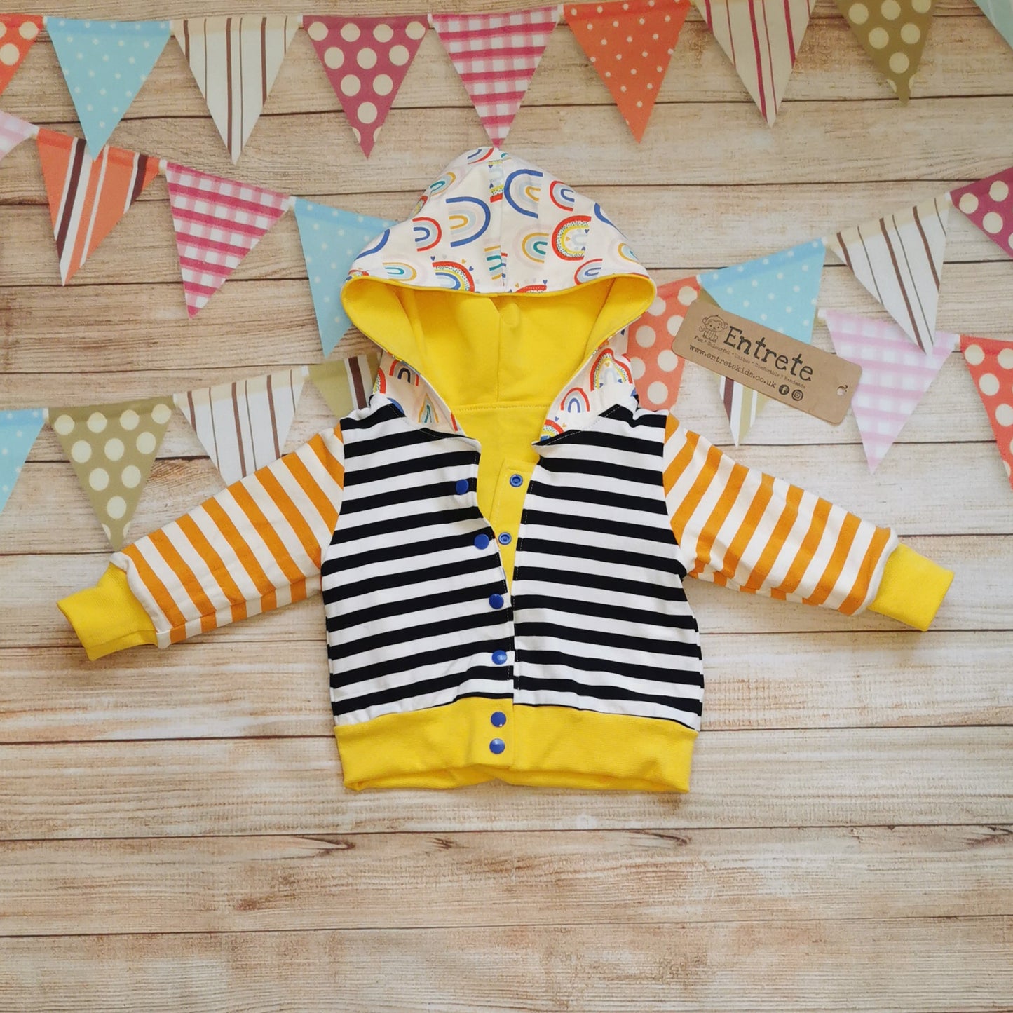 Reversible Popper Hoodie - Colourful Rainbows & Striped/Yellow